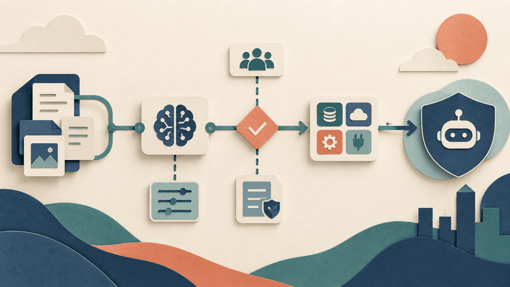 StackAI Review 2026: Enterprise Agents, Pricing, and Governance Paper-cut editorial concept showing governed enterprise agents moving through documents, models, approvals, integrations, and deployment controls
