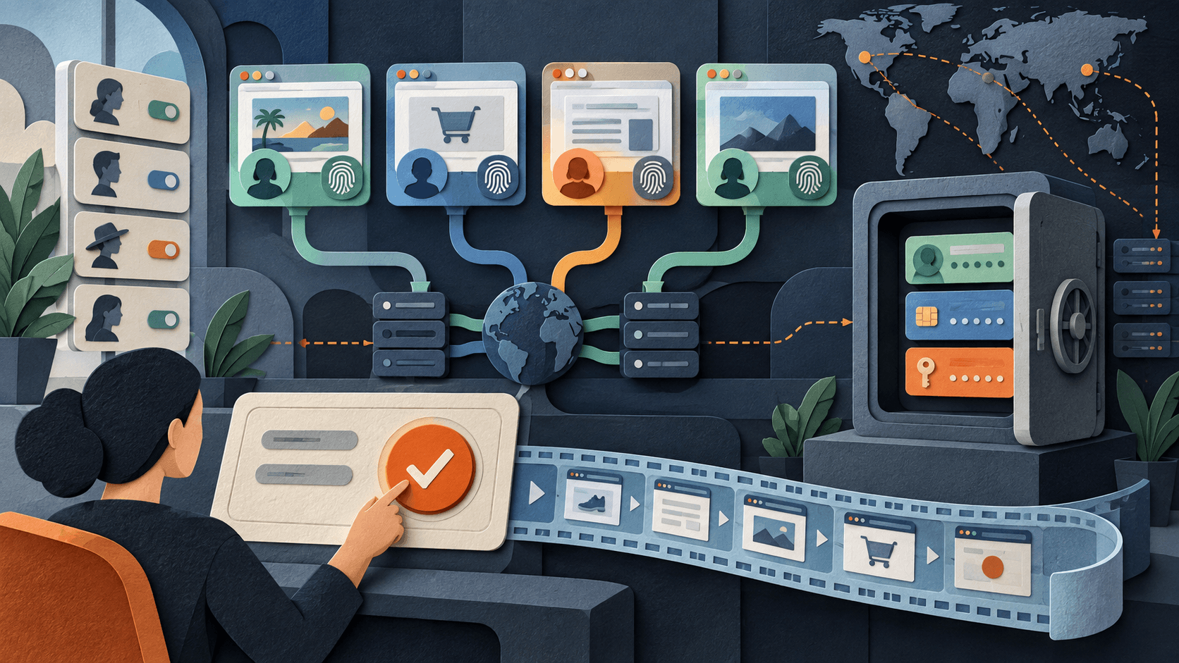 Steel Review 2026: Browser Infrastructure for AI Agents and Pricing Paper-cut browser control deck with isolated profiles, credential vault, proxy routes, replay tape, and approval gate
