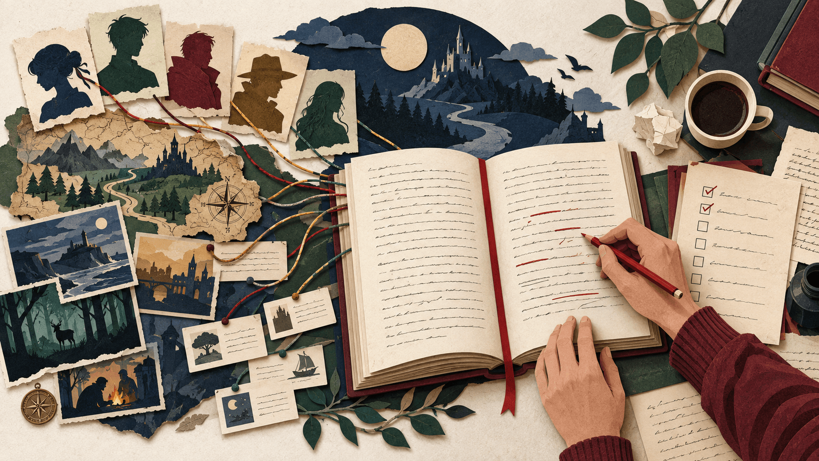 Sudowrite Review 2026 Paper-cut editorial illustration of a novelist's story bible, character threads, scene cards, and editable prose flowing through a human revision desk