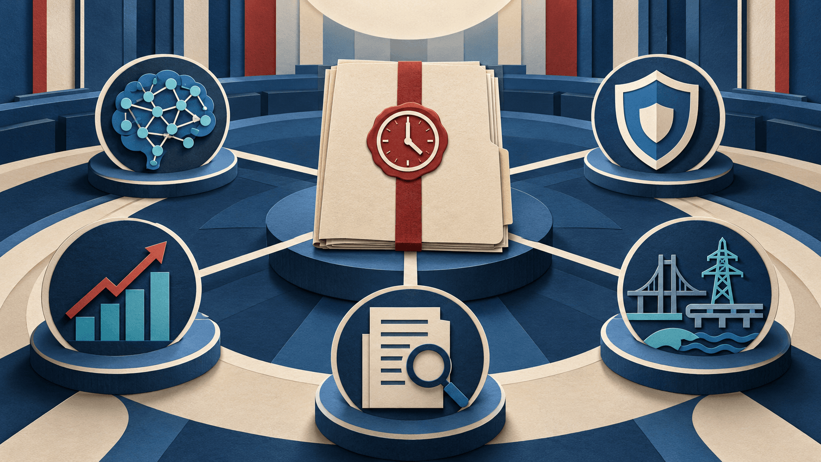 A 120-day test for the Super Intelligence Force Neutral paper-cut editorial illustration of an AI policy dossier linked to public safety, economic opportunity, government oversight, and critical infrastructure symbols