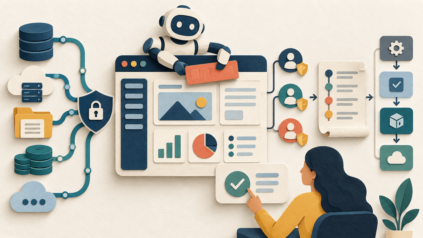Superblocks Review 2026: Clark AI, Pricing, and Governance Paper-cut AI builder assembling an internal dashboard from protected data connections, role gates, audit records, and deployment stages