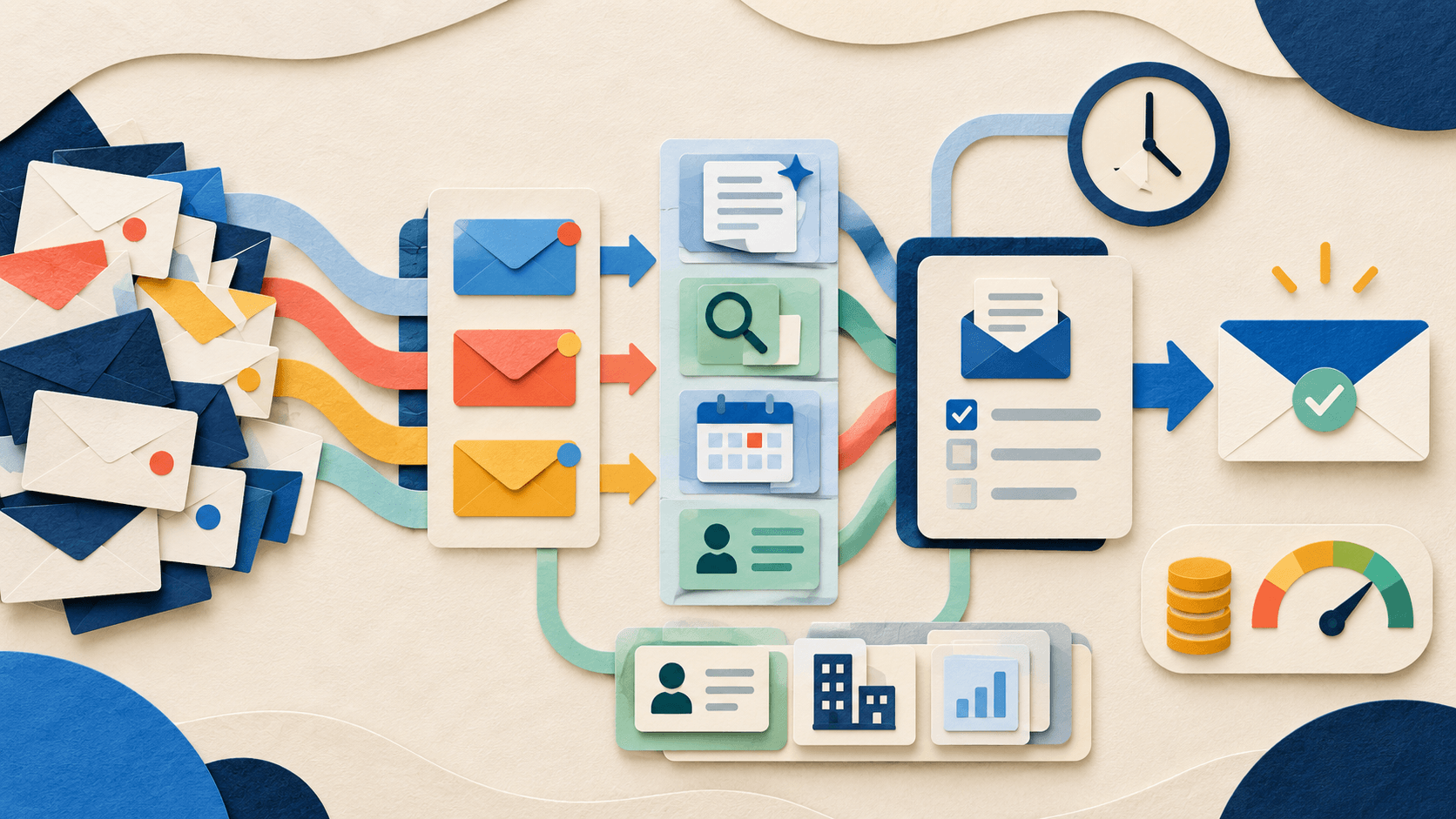 superhuman mail review 2026 Paper-cut editorial illustration of email moving through priority, drafting, search, calendar, CRM context, cost, and human approval