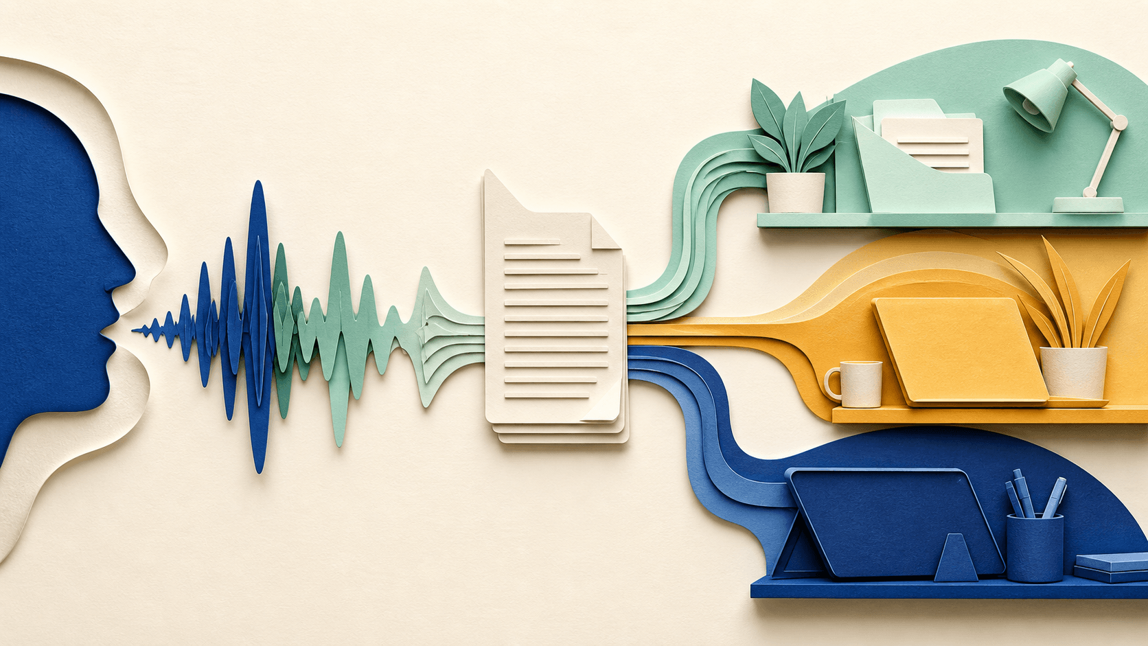 Superwhisper Review 2026: Voice Dictation, Pricing, and Privacy Paper-cut illustration of a voice waveform becoming polished documents across several work surfaces