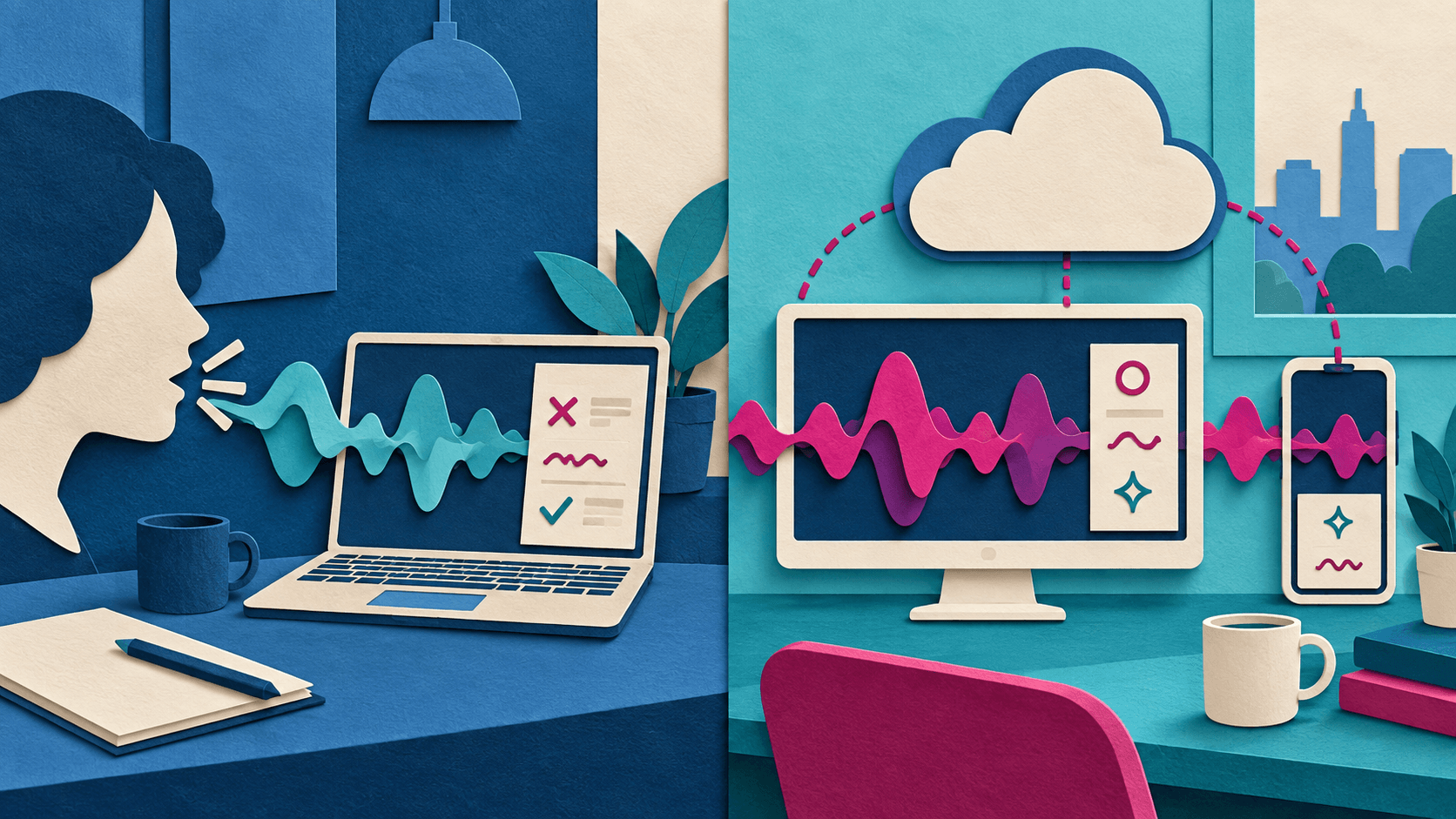 Local-first and cloud-first voice dictation face the same correction test Paper-cut illustration comparing an offline voice waveform on a laptop with a cloud-connected dictation flow across desktop and phone