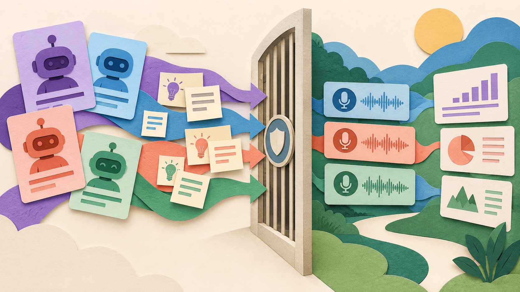 synthetic hypotheses kept separate from real participant evidence and validated findings Paper-cut editorial illustration of synthetic hypotheses kept separate from real participant evidence and validated findings