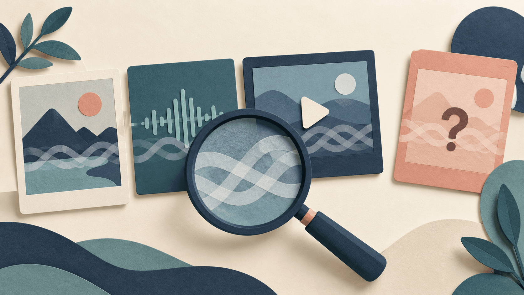 SynthID Detector Goes Public: What a Watermark Can Tell You A magnifying glass checking image, audio and video cards while an inconclusive card remains aside