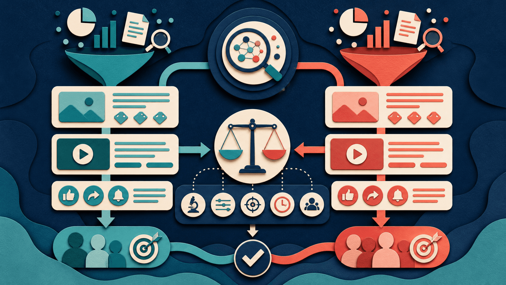 Taja AI vs vidIQ YouTube optimization comparison Editorial illustration of two YouTube optimization workflows compared for research quality, control, accuracy, time, and audience fit