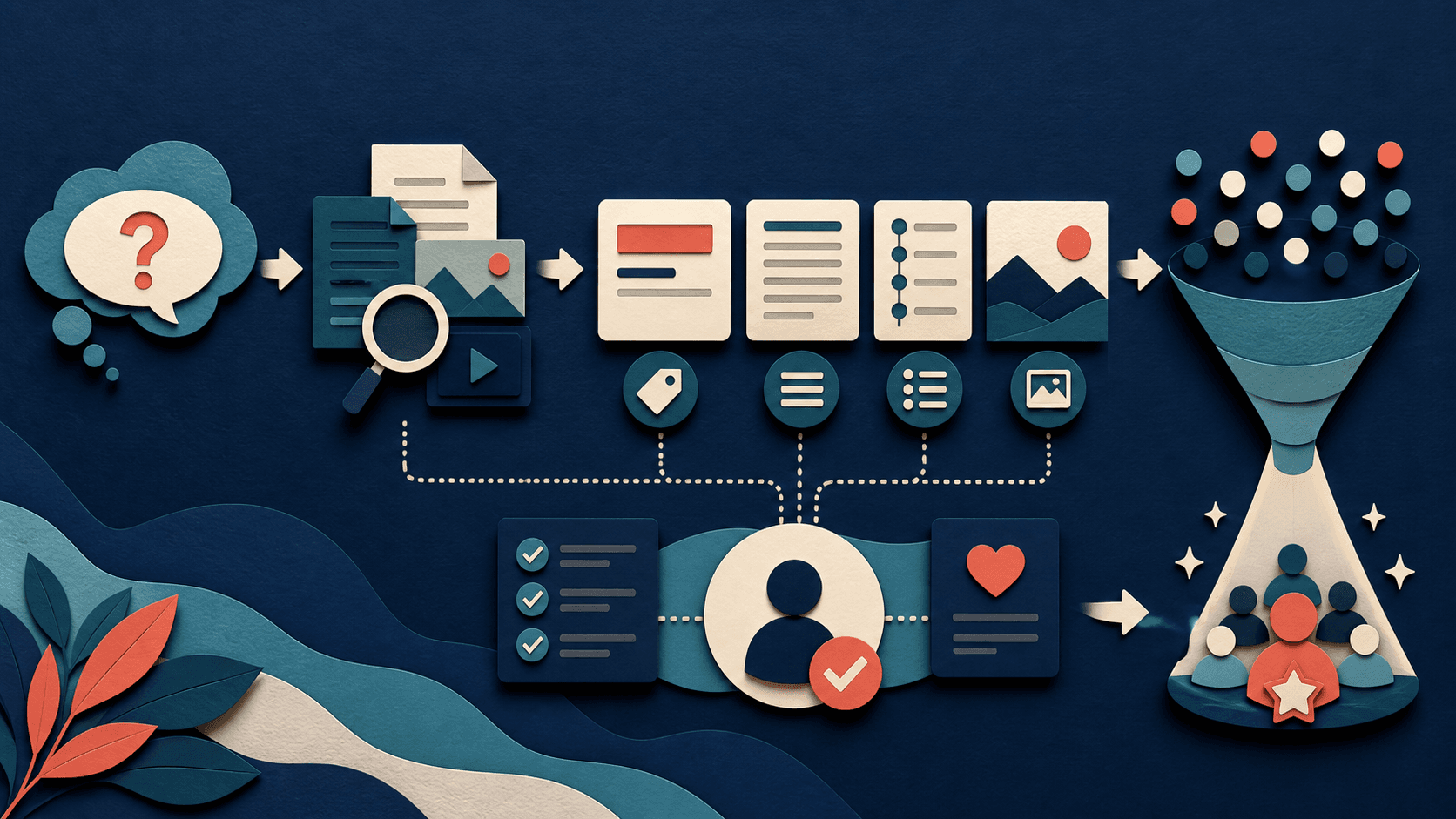 YouTube SEO workflow with Taja AI Editorial illustration of an audience question and source research becoming a video title, description, chapters, thumbnail concept, human review, and qualified discovery