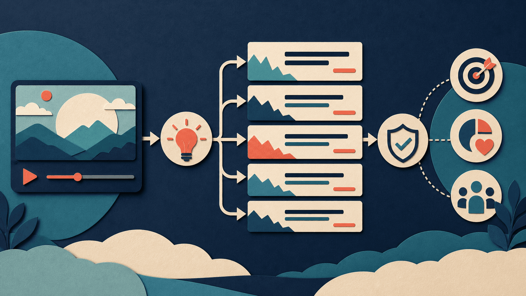 YouTube title generator workflow with Taja AI Editorial illustration of one finished video and audience promise branching into title concepts checked for accuracy, differentiation, and expectation match