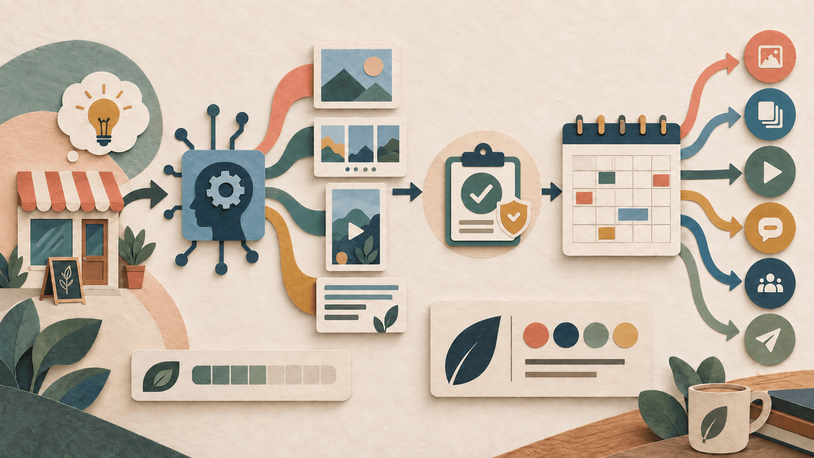 Taka AI review Paper-cut editorial illustration of a small business idea moving through AI content formats, an approval gate, a social calendar, and multiple publishing channels