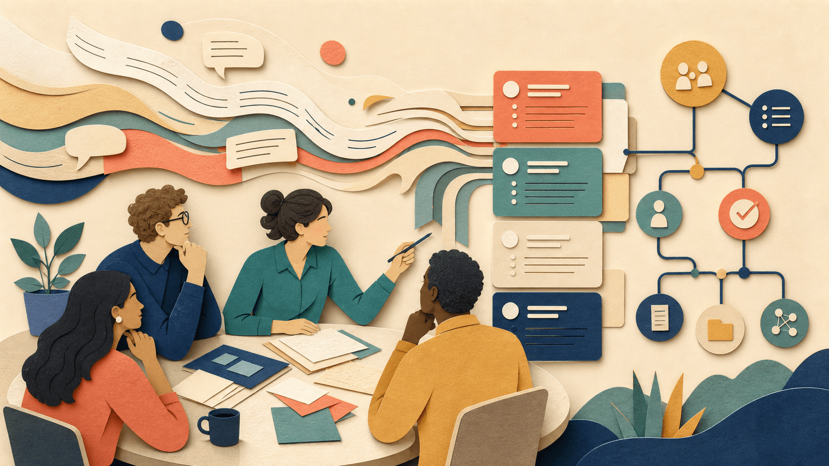 Tana AI meeting workspace review Paper-cut illustration of a team turning meeting discussion into reviewed tasks and connected knowledge
