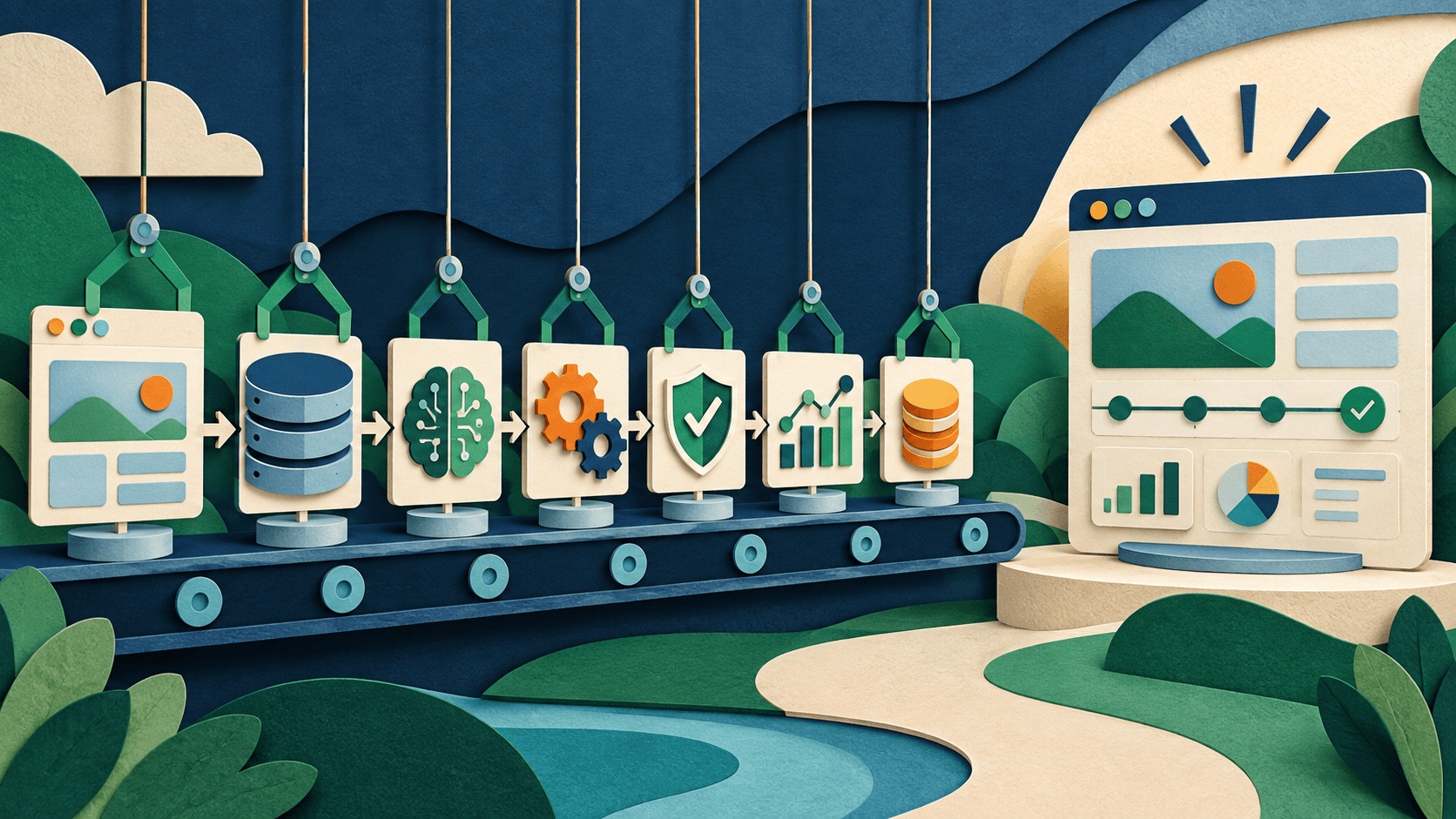 Taskade Review 2026 Paper-cut editorial illustration of a no-code workspace assembling an interface, persistent data, AI agents, automations, approval gates, monitoring, and credit meters