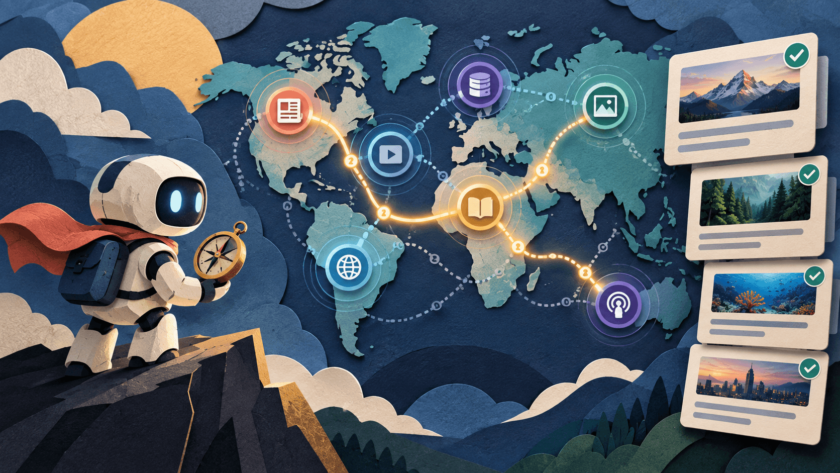 Tavily Review 2026: AI Search API, Pricing, and Accuracy Paper-cut editorial concept showing an agent following ranked source paths across a live web knowledge map