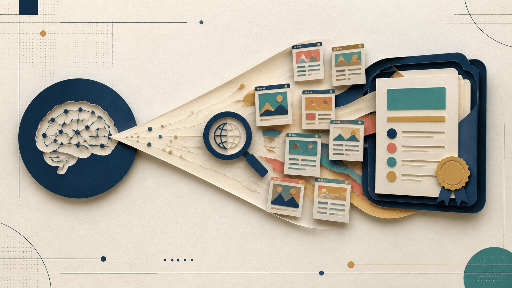 Tavily AI Search API Review 2026: Pricing, Accuracy, and Fit Paper-cut illustration of a search beam collecting fresh web pages into a structured cited evidence packet