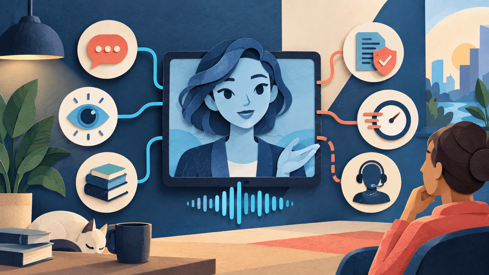 Tavus Review 2026: Conversational Video AI & Pricing Paper-cut editorial illustration of a synthetic video persona connected to speech, vision, knowledge, consent, latency, and human-escalation checkpoints
