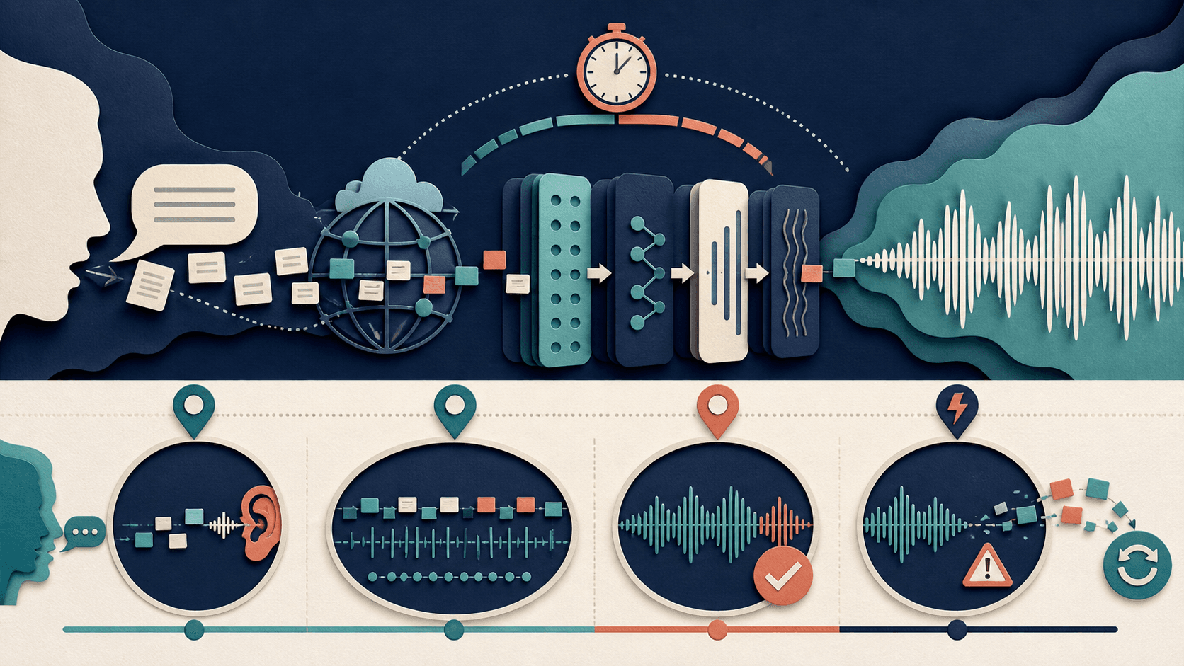Text-to-speech API latency measurement guide Editorial illustration of text packets moving through a network pipeline into audio with checkpoints for first sound, streaming, completion, and recovery