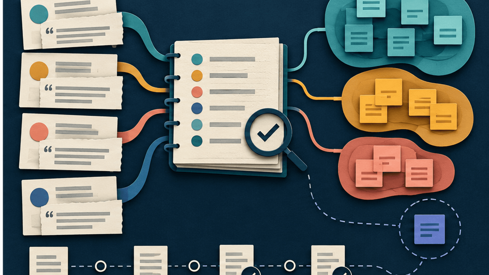 Paper-cut interview evidence flowing through a reviewed codebook into theme clusters while a minority finding remains visible