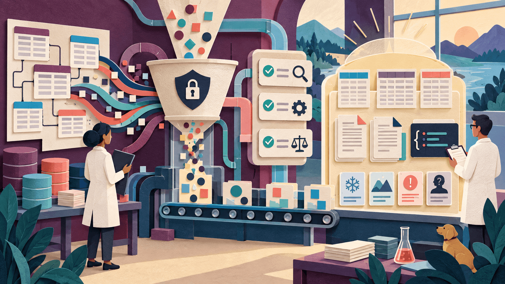 Tonic Fabricate Review 2026: Synthetic Data, Pricing, and Fit Paper-cut synthetic data laboratory generating linked tables documents and edge cases through privacy and validation checks