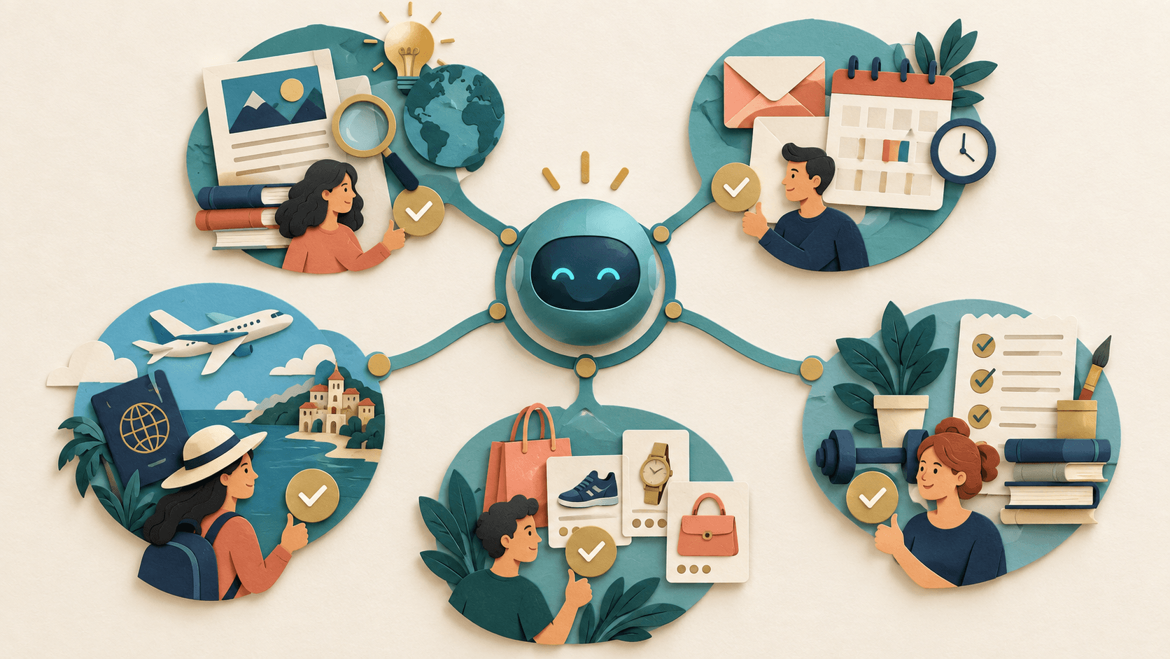 Top five Meta Muse uses Paper-cut editorial illustration of one personal AI agent branching into five uses for research, calendar and email, travel, shopping, and recurring projects