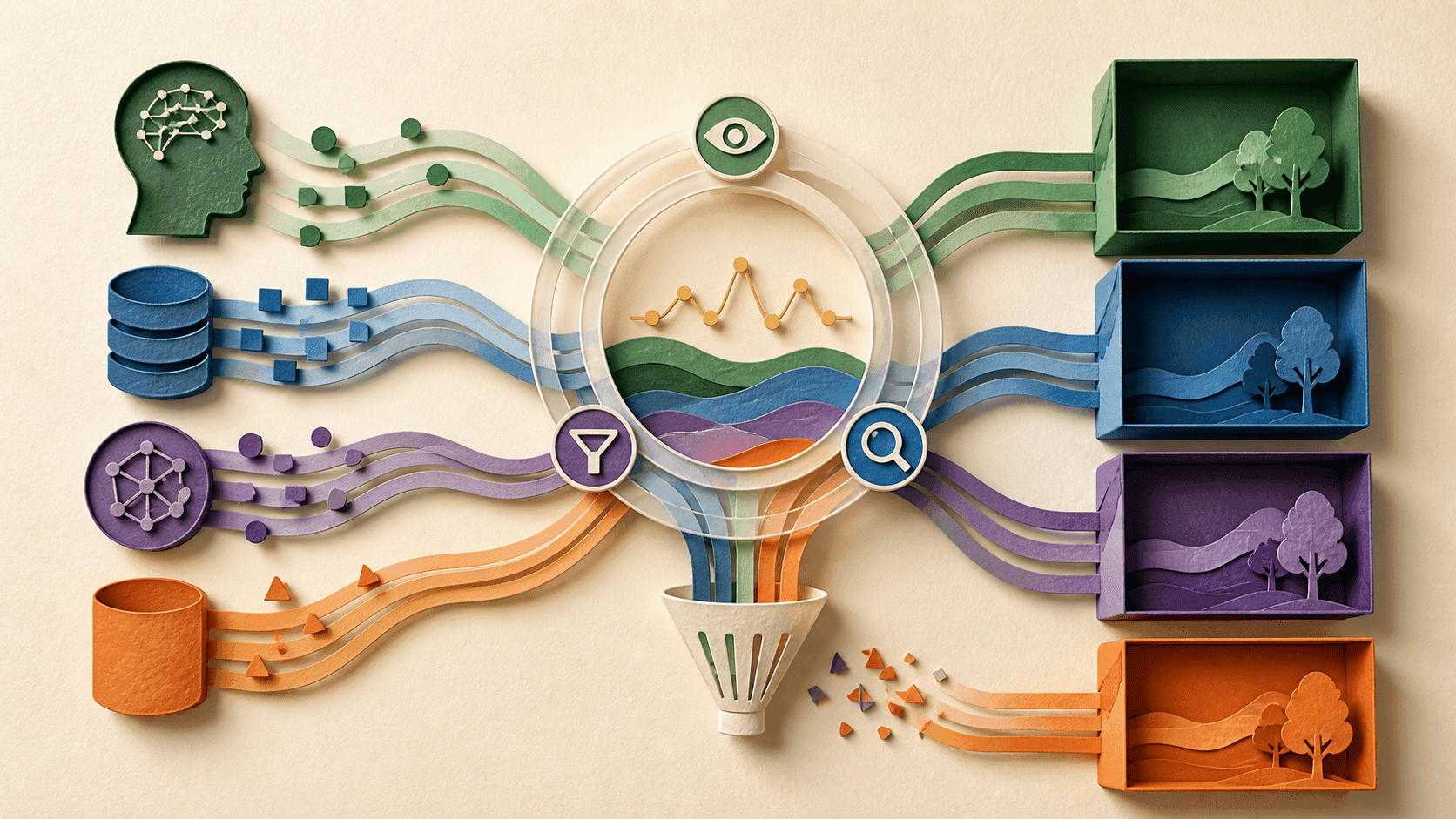 Traceloop Review 2026: OpenLLMetry, Pricing, and Fit Paper-cut AI telemetry streams passing through filters into separate projects