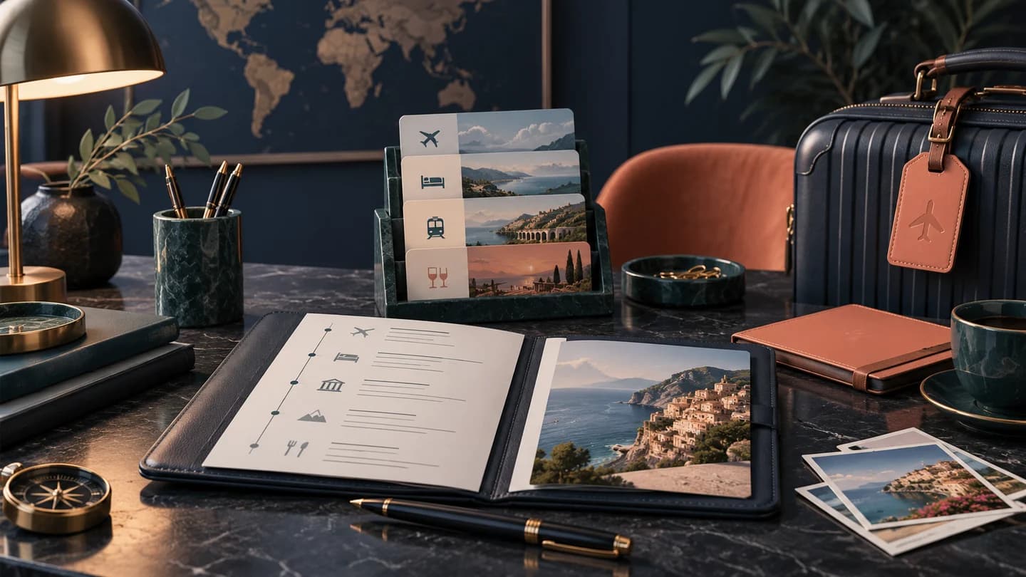 A travel advisor desk with itinerary pages and confirmation cards