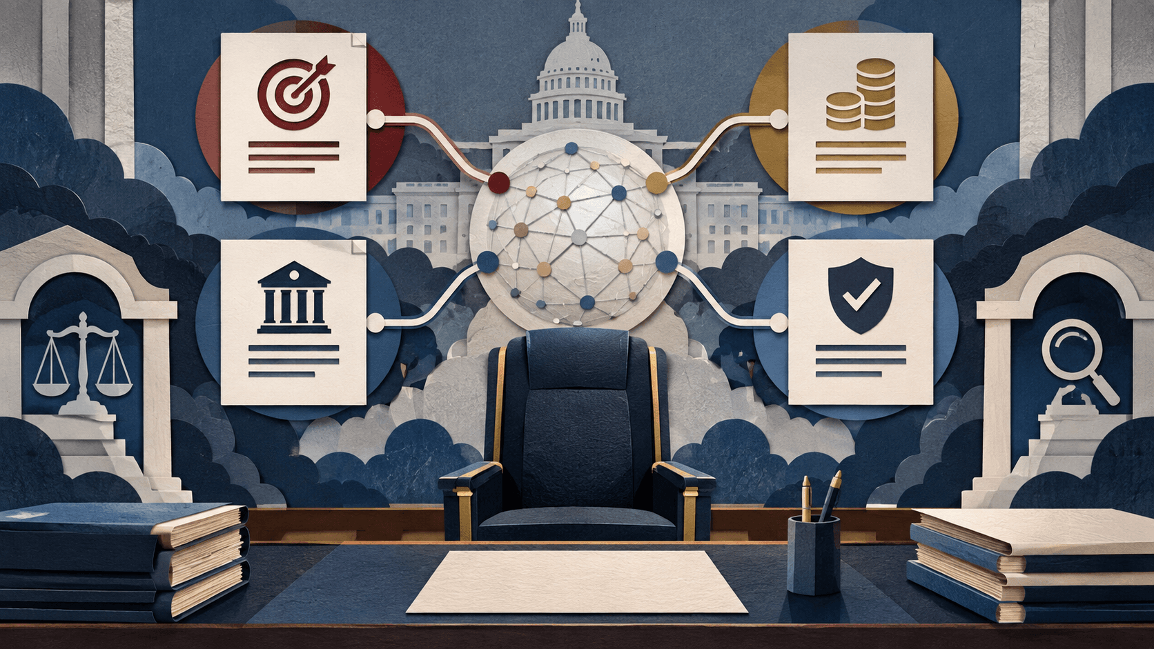 The proposed AI Force awaits a defined mandate Neutral paper-cut editorial illustration of an empty federal leadership chair beneath an AI network, connected to mandate, funding, legal authority, security, and oversight documents