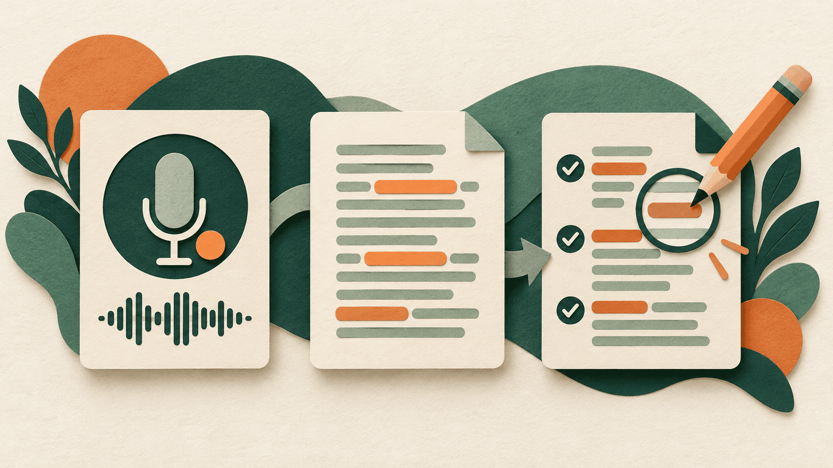 Turn Voice Notes into Accurate AI Drafts: A Simple Checklist Recording, transcript and checked-draft cards inspected with a pencil