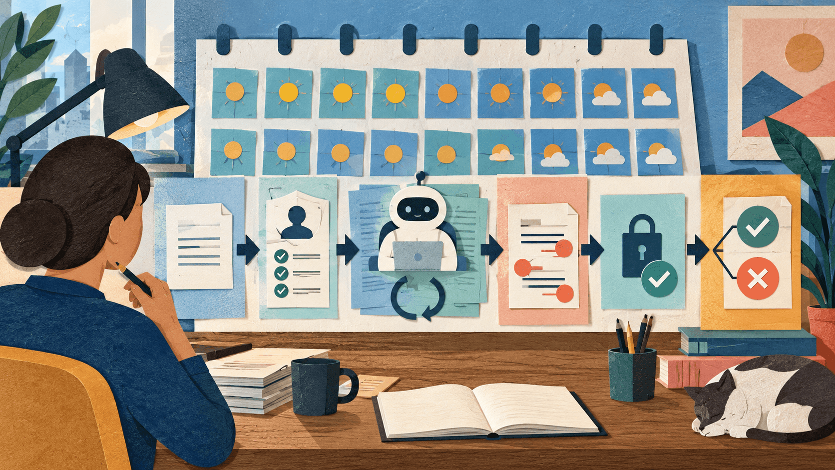 two week ai desktop assistant pilot Paper-cut editorial illustration of a desktop assistant moving through baseline, permission, repeated-task, correction, privacy, and keep-or-cancel gates