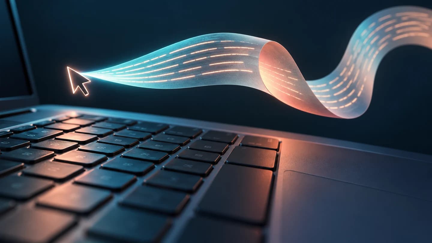 A laptop keyboard with a luminous sentence ribbon extending from a cursor
