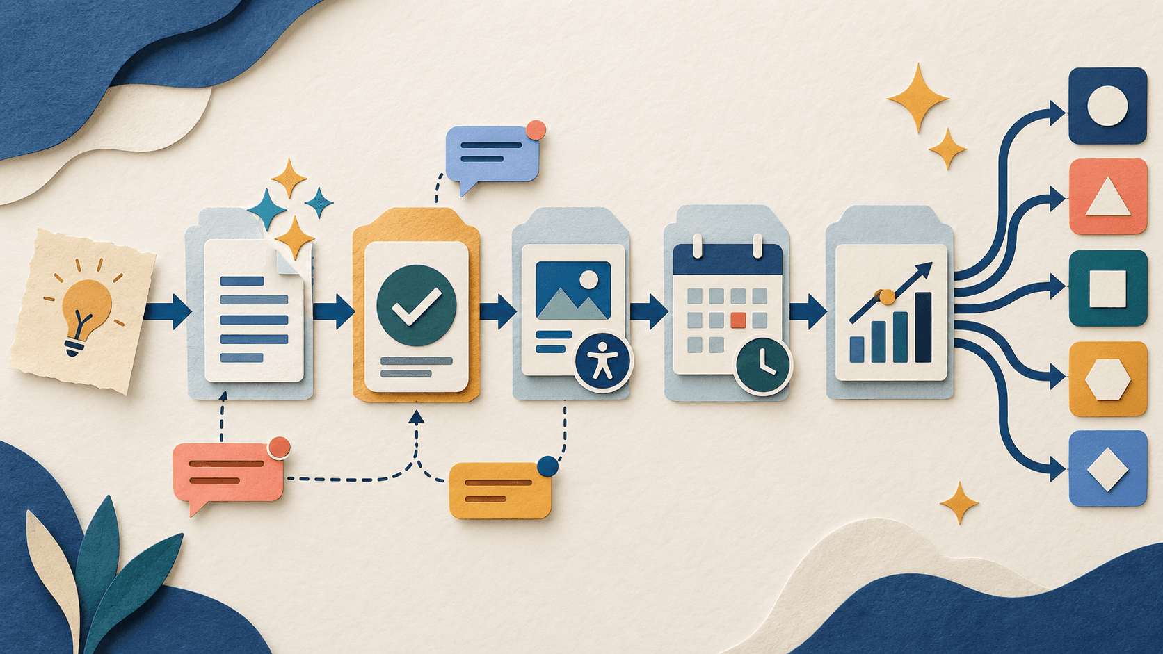 typefully review 2026 Paper-cut editorial illustration of an idea moving through AI-assisted drafting, human approval, accessibility, scheduling, analytics, and multi-network publishing