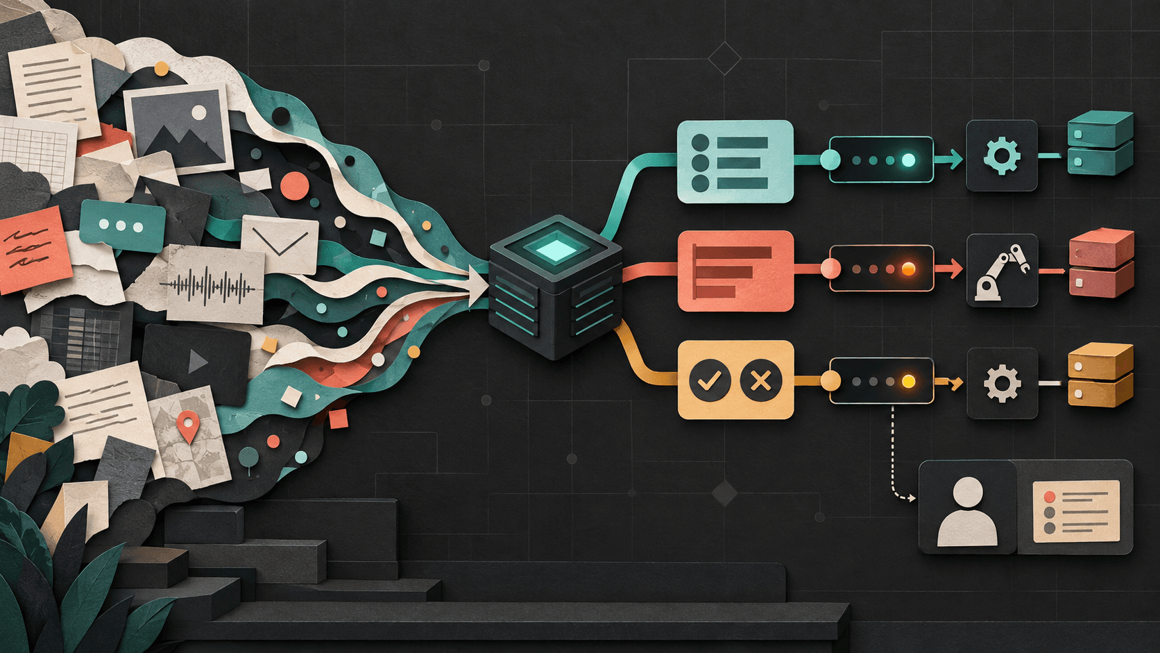 TypeSafe AI Jev turns unstructured information into typed, confidence-gated decisions Editorial illustration of documents and signals entering a decision engine and emerging as three structured paths with confidence gates, automation, and human review
