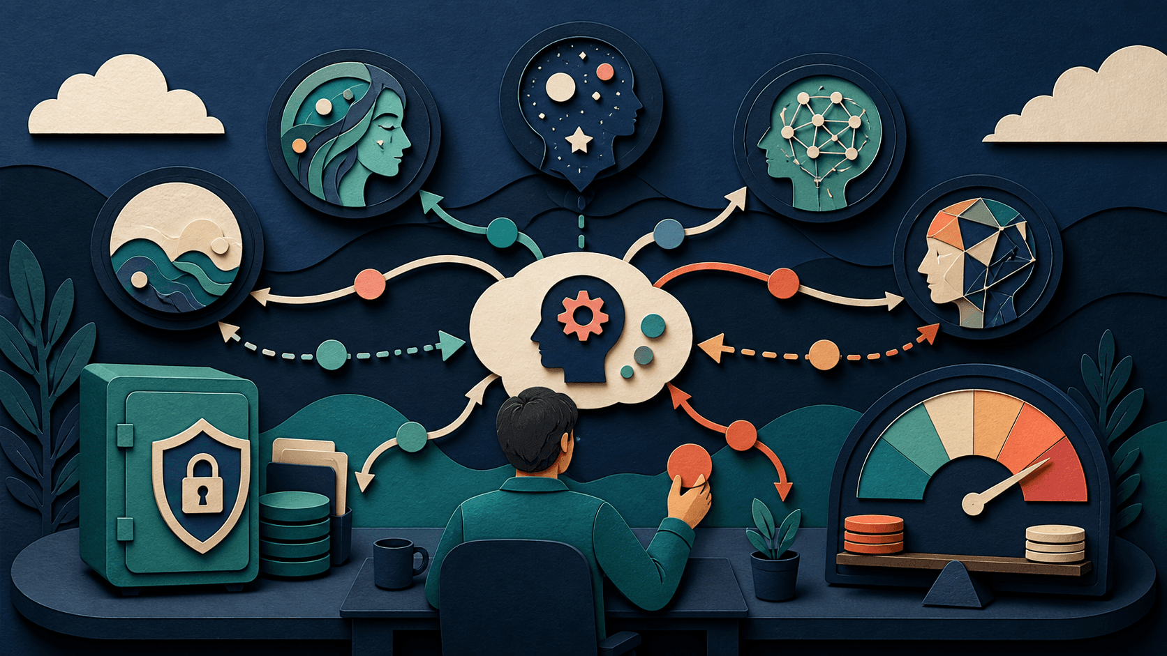 TypingMind multi-model AI chat review Paper-cut illustration of a person routing work among multiple AI models with local storage and cost controls