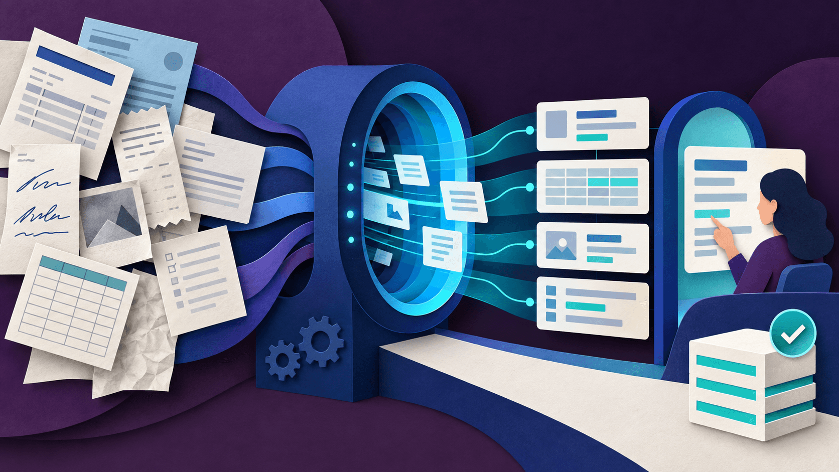 Unstract Review 2026: Document AI, OCR Pricing, and Fit Paper-cut invoices forms tables and handwriting passing through a document parsing pipeline into reviewed structured data