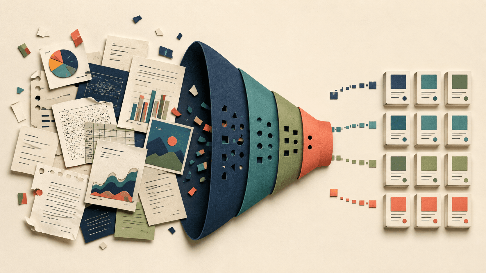 Unstructured Review 2026: Document Ingestion for RAG Paper-cut documents, charts, and scans passing through a funnel into orderly indexed blocks
