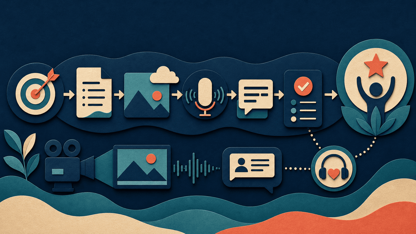 Online course video production workflow with Vadoo AI Editorial illustration of a learning objective becoming lesson script, visuals, narration, captions, knowledge check, and accessible learner outcome