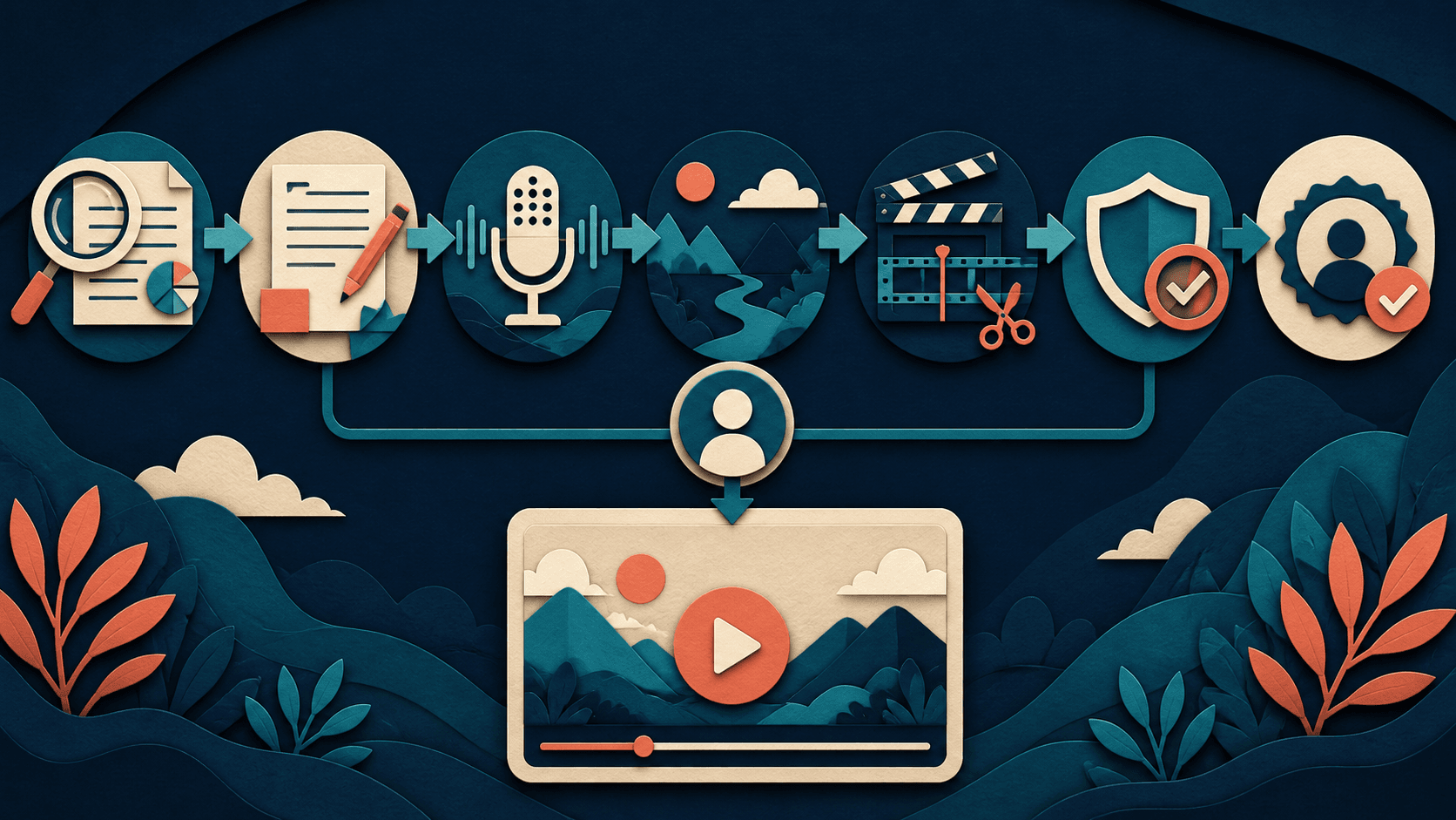 Faceless YouTube channel production workflow with Vadoo AI Editorial illustration of research and script moving through narration, original visuals, editing, rights checks, human approval, and publication