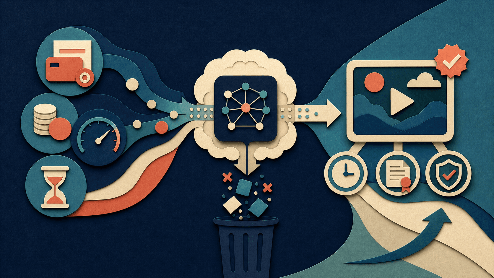 Vadoo AI pricing and video production value assessment Editorial illustration balancing subscription cost, generation credits, discarded outputs, editing time, rights review, and approved useful videos