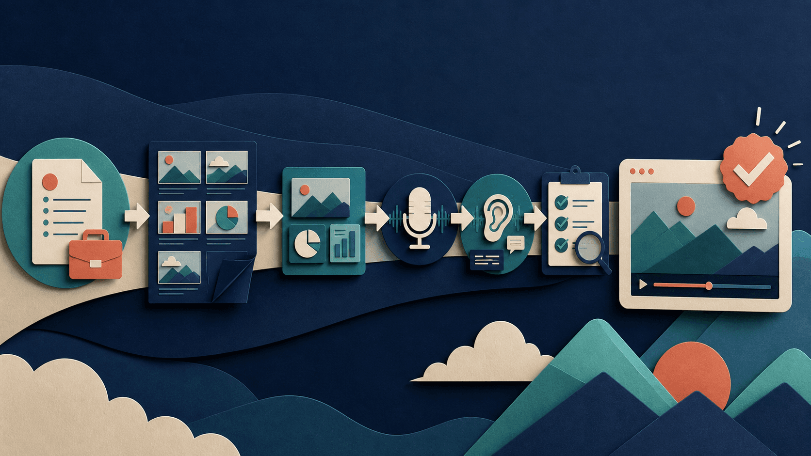 AI product demo video workflow with Vadoo AI Editorial illustration of a customer job moving through storyboard, representative product evidence, narration, accessibility, fact checking, and final approval