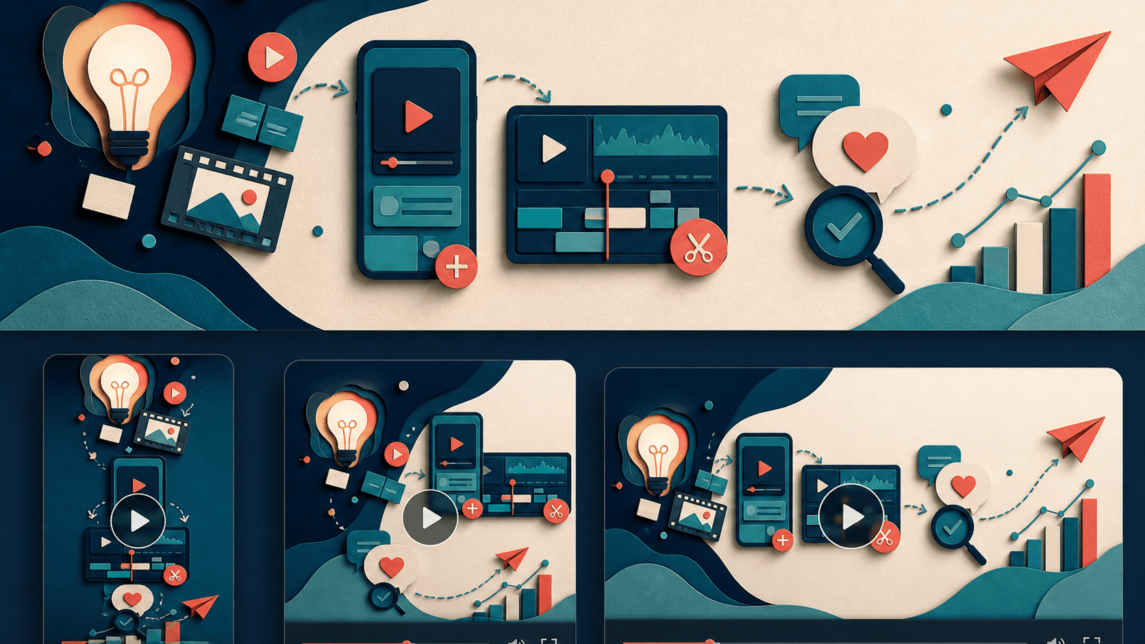 Social media video creation workflow with Vadoo AI Editorial illustration of one core idea adapted into vertical, square, and landscape videos with captions, review, and performance measurement