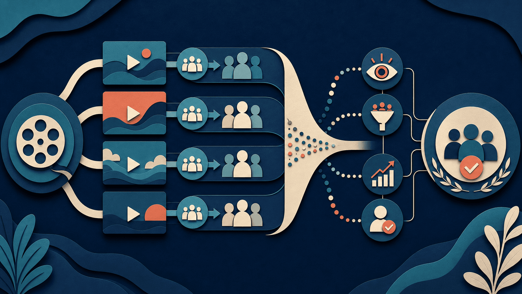 AI video ad testing framework with Vadoo AI Editorial illustration of controlled video creative variants entering matched audience lanes and being compared for attention, qualified action, conversion, and human review