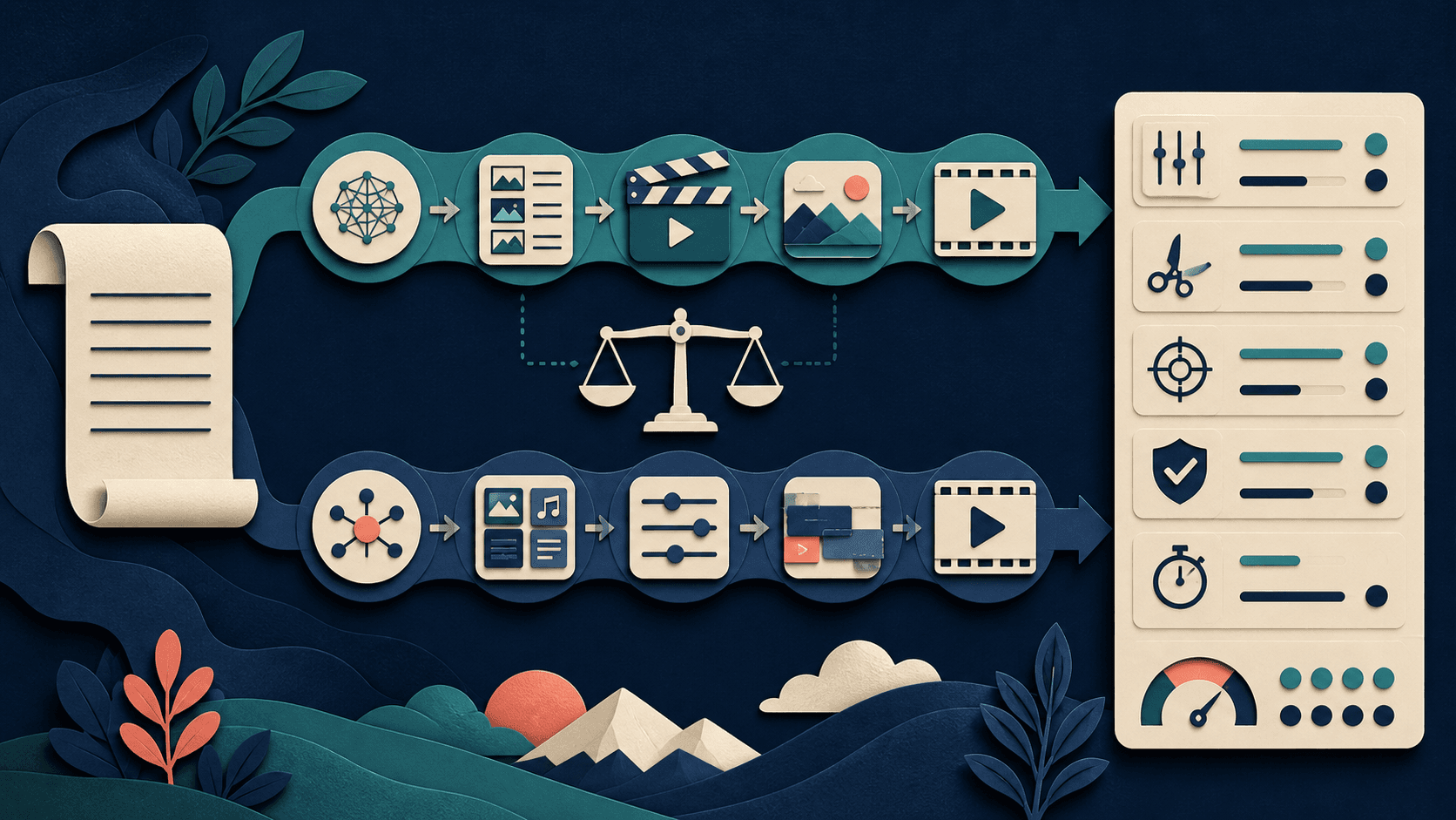 Vadoo AI vs Pictory video generator comparison Editorial illustration of two script-to-video workflows evaluated for control, editability, consistency, rights, and total production effort