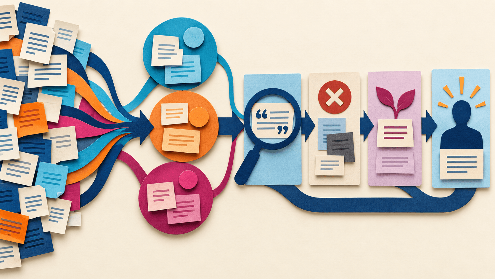 AI-generated themes passing quote, counterevidence, minority, and approval checks Paper-cut editorial illustration of AI-generated themes passing quote, counterevidence, minority, and approval checks