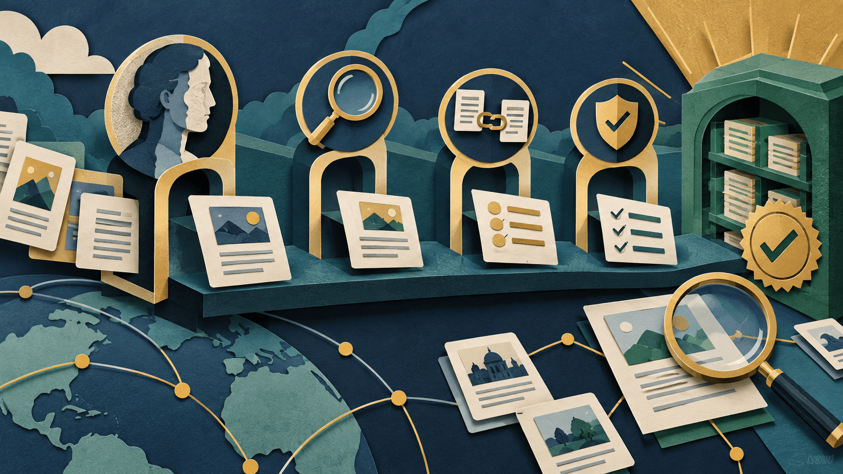 AI claims pass a claim-to-source verification chain Paper-cut illustration of AI-generated claims passing through source identity, passage, context, and evidence verification checkpoints
