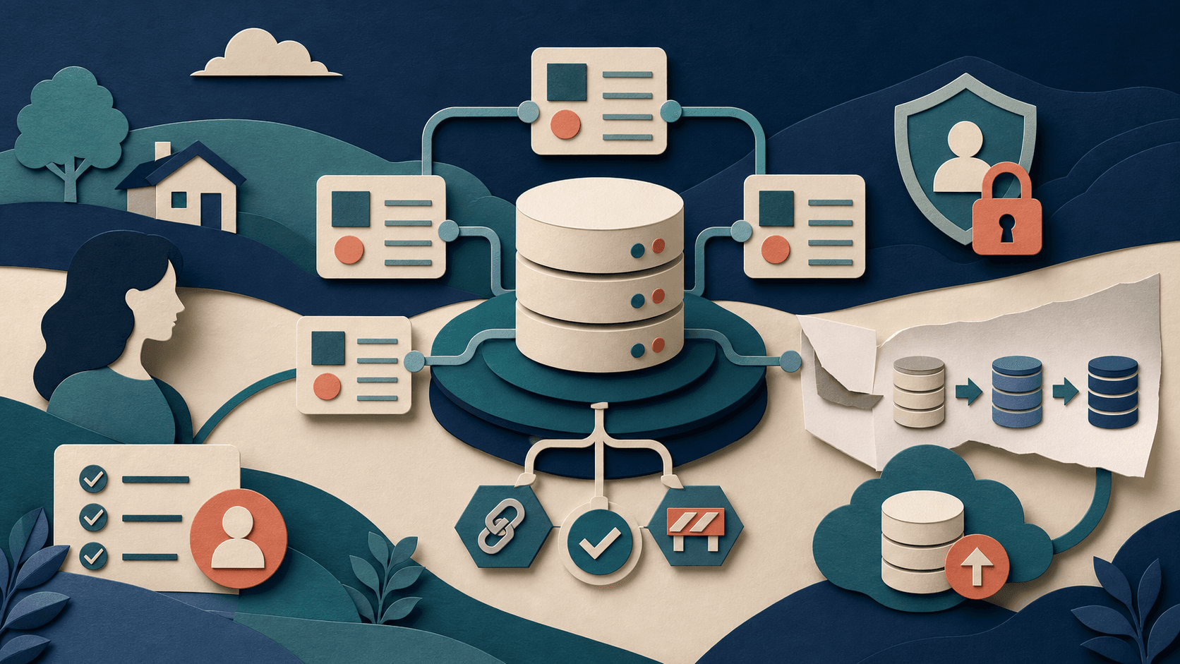 Database design for vibe-coded apps Editorial illustration of a database connected to stable entities, ownership rules, relationships, constraints, permissions, migrations, and backups
