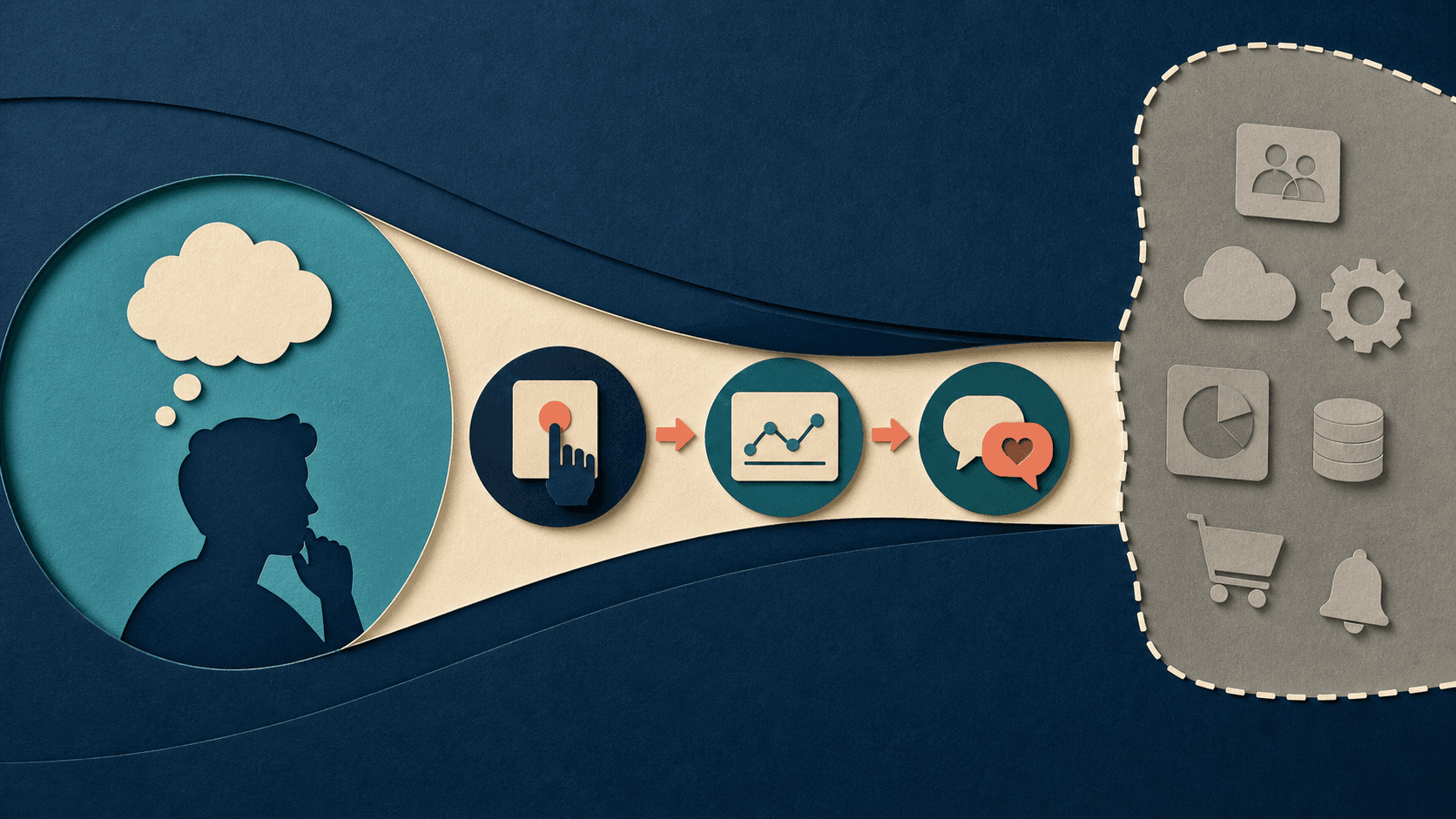 Vibe coding MVP scope template Editorial illustration of one user problem narrowing into a core product action, measurable evidence, pilot feedback, and deferred features