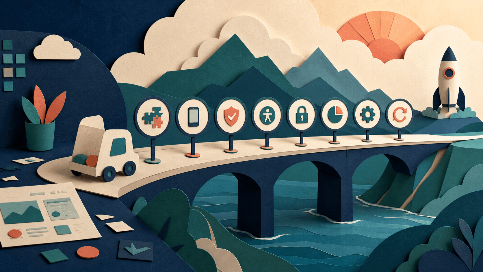 Vibe coding production launch checklist Editorial illustration of an AI-built prototype crossing a production bridge through mobile, security, accessibility, privacy, analytics, operations, and rollback checkpoints