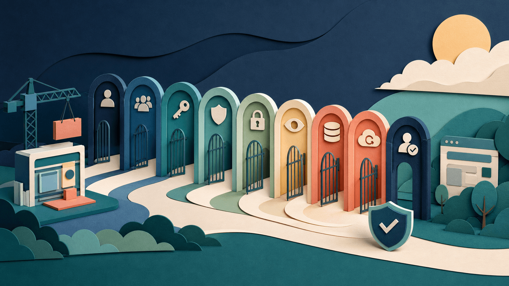 Vibe coding security launch checklist Editorial illustration of an AI-built application passing gates for identity, permissions, secrets, input safety, data protection, monitoring, backup, and review