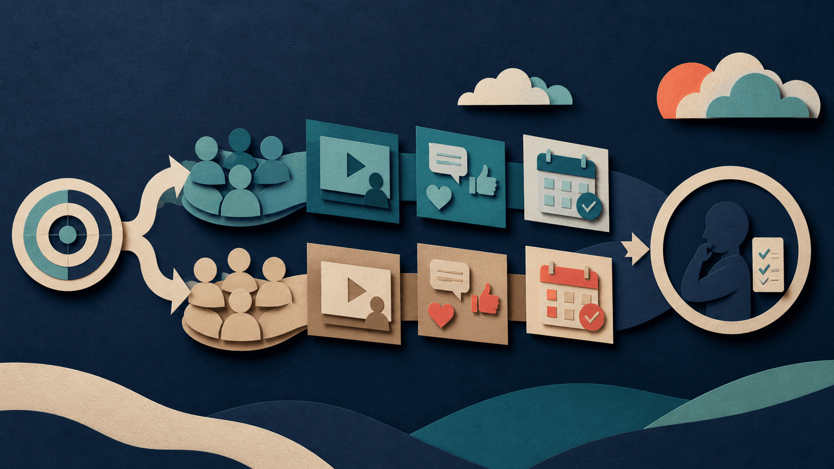 Video prospecting benchmark test framework Editorial illustration of matched sales video outreach groups being compared for replies, meetings, and qualified outcomes
