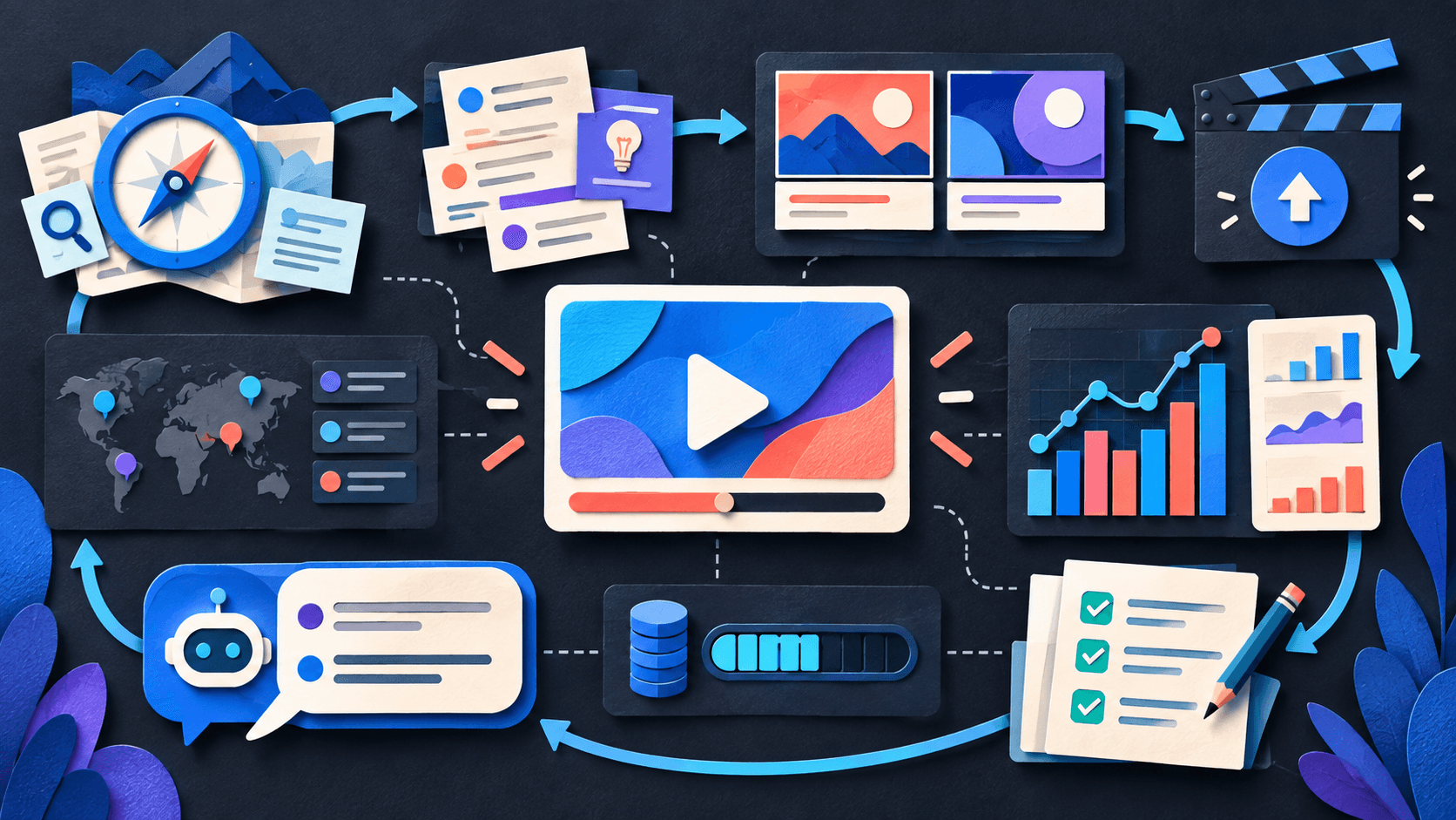 vidIQ review: research, packaging, credits, and viewer outcomes Abstract paper-cut editorial illustration of a YouTube creator workflow connecting research, video packaging, AI coaching, credit use, analytics, and human approval
