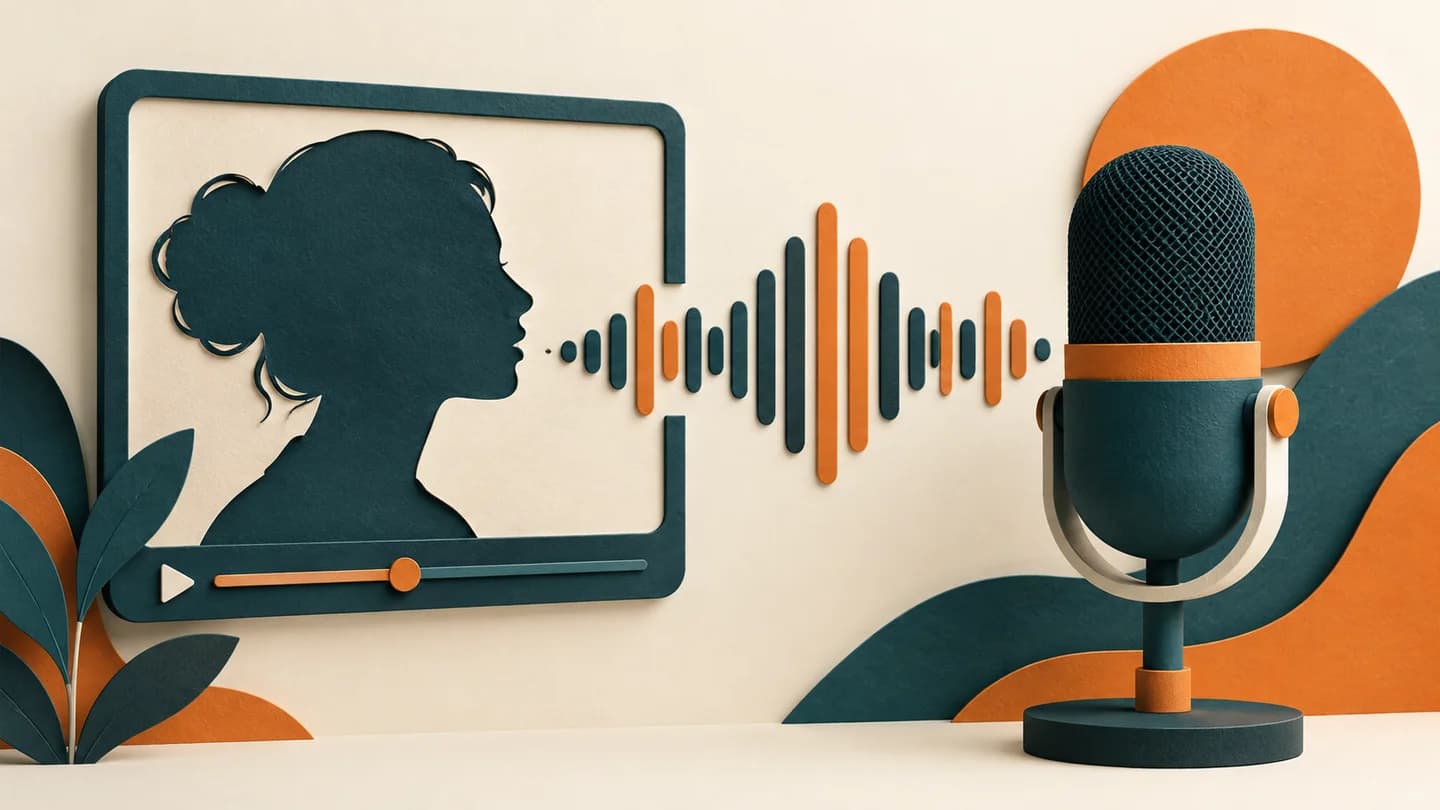 A portrait video frame beside sound waves and a microphone